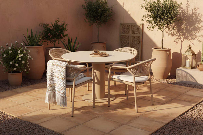 Girona Table Round 120cm & Taragona Stacking Chair Cappuccino